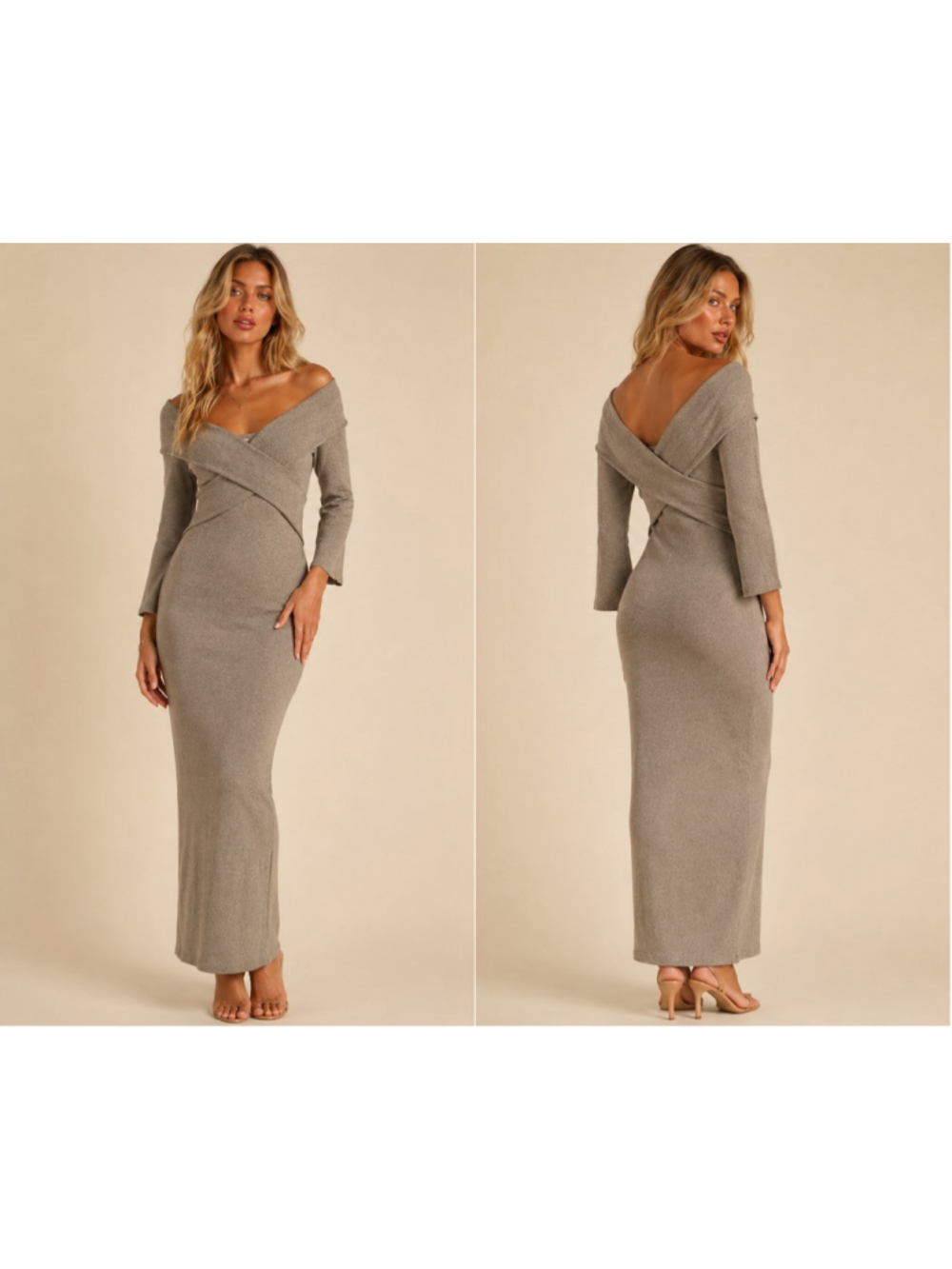 Pretty Lavish Bodycon Midi Dress Taupe Off Shoulder Knit Neutral Quiet Luxur NEW